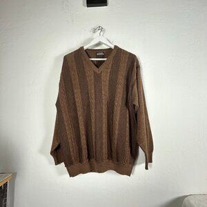 Vintage Cooper V-Neck Sweater Mens Large Merino Wool Blend Brown Striped Casual